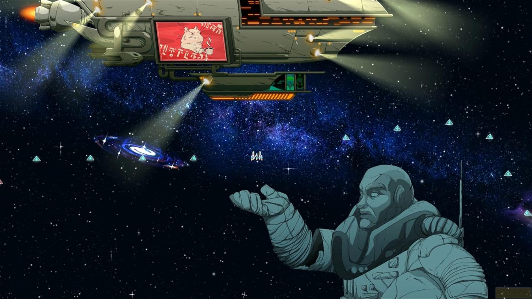 Ein großes Raumschiff mit einem Katzenbild fliegt im Weltraum über einer Galaxie und einer Astronautenstatue.