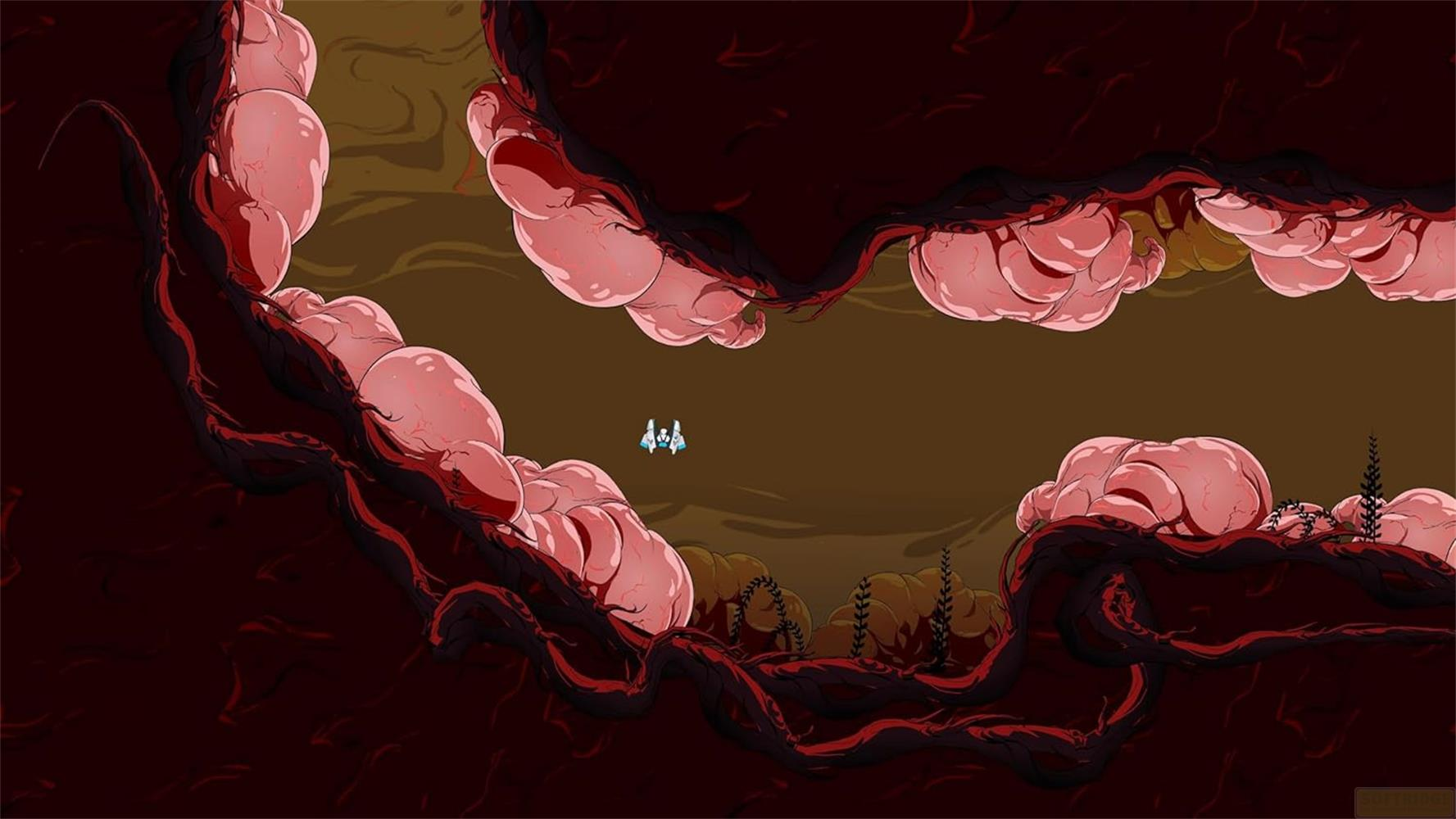 Zwei winzige Raumschiffe fliegen durch eine organische, rote und rosa Höhle.