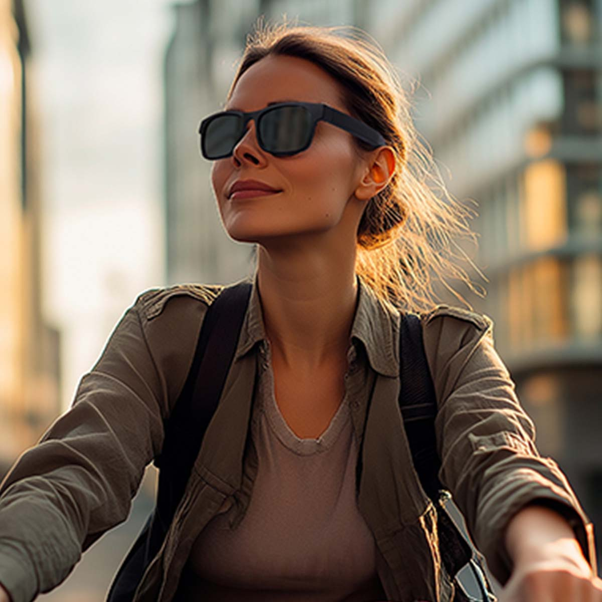 Eine Frau mit Sonnenbrille radelt an einem sonnigen Tag durch eine Stadt.
