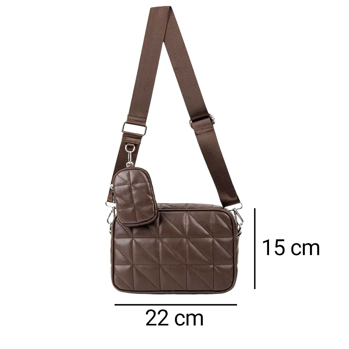 Borsa a tracolla trapuntata marrone con piccola pochette staccabile e tracolla marrone. Misure: 22x15cm.