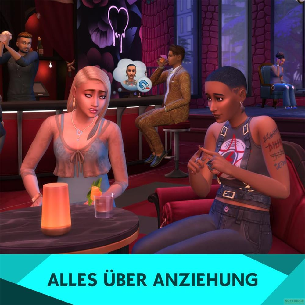 Zwei Frauen sitzen in einer Bar. Ein Mann trinkt. Eine Sprechblase zeigt Anziehung.