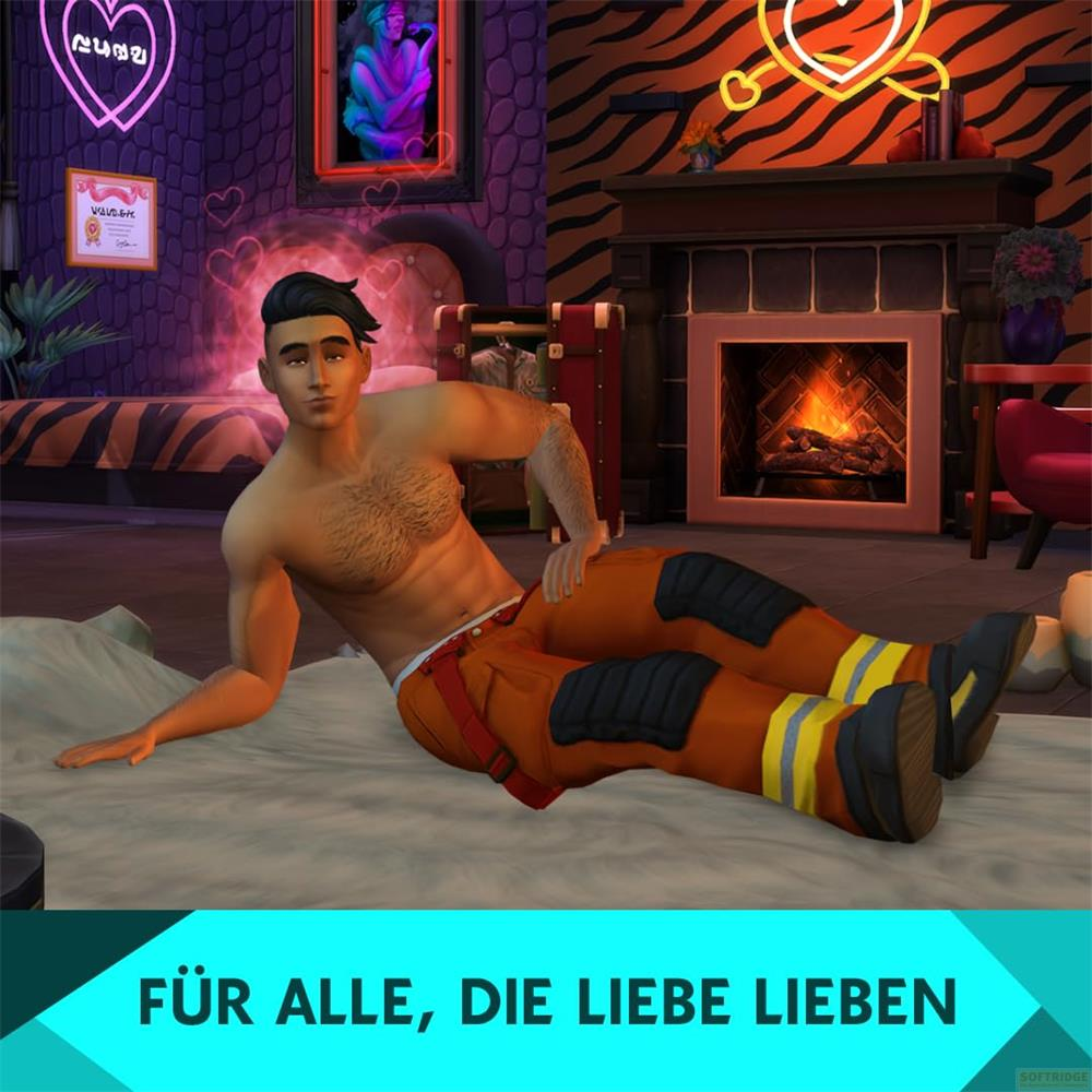 Ein Mann in orangefarbener Kleidung liegt auf einem Bett mit einem Kamin im Hintergrund.