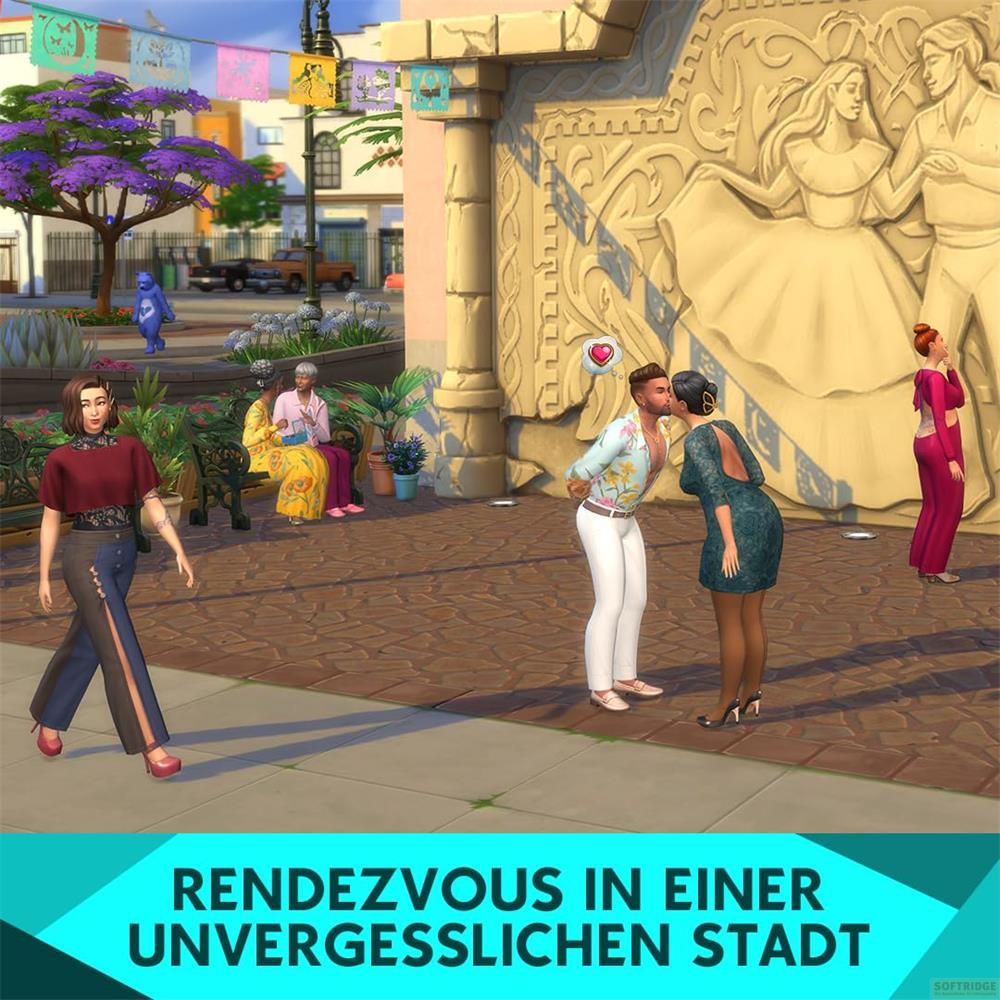 Ein Paar küsst sich vor einer Skulptur. Andere Leute sind im Hintergrund.