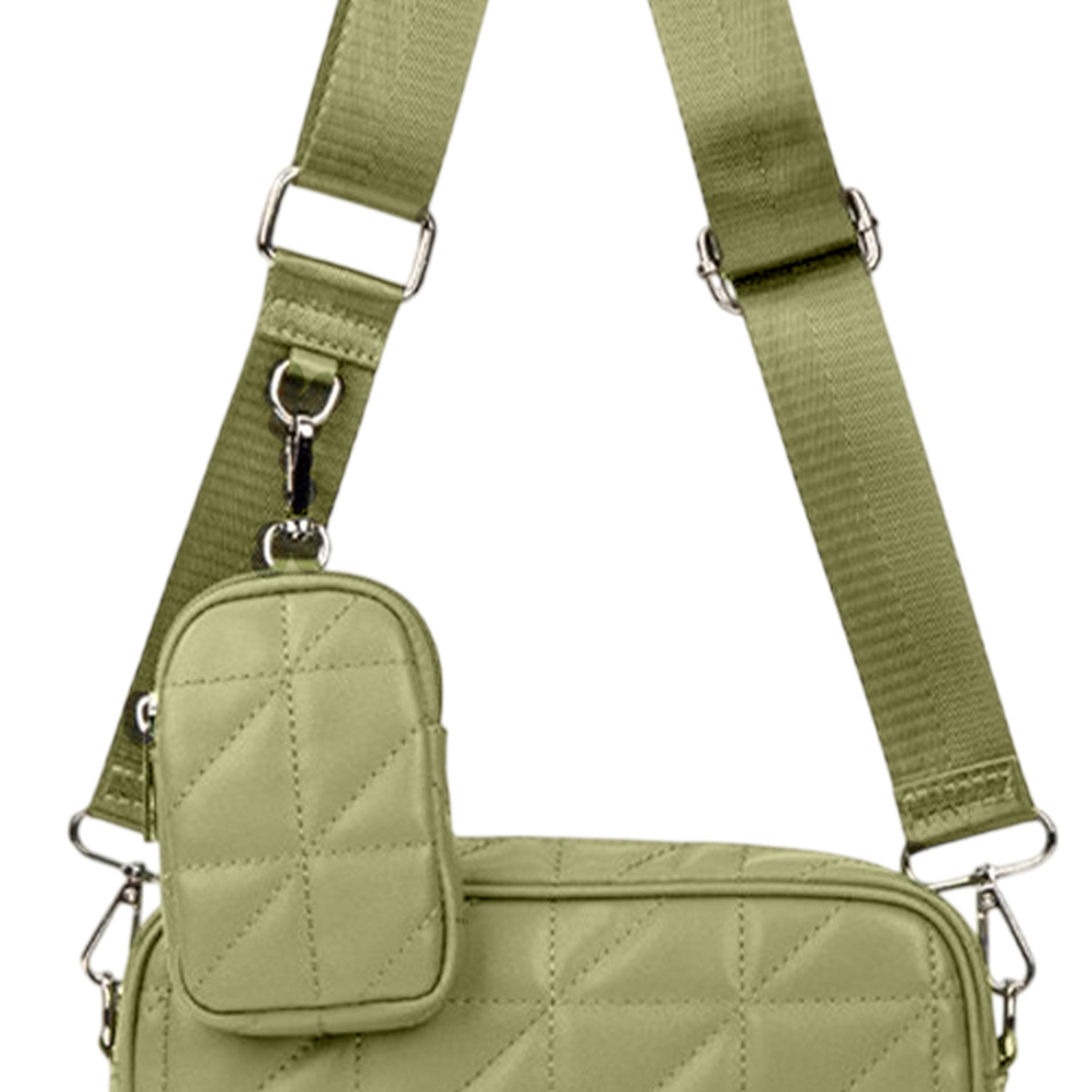 Bolso acolchado verde con mini-bolso desmontable y correa ajustable.