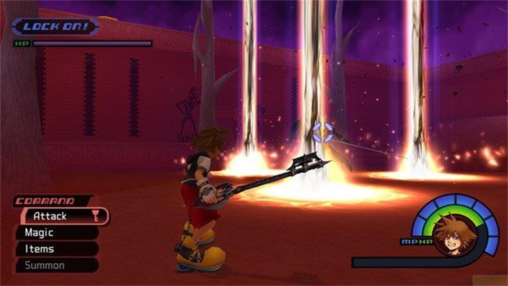 Sora con la sua Keyblade in un mondo viola con raggi di luce.