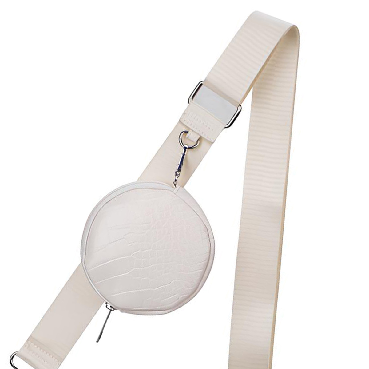 Borsa rotonda bianca con texture coccodrillo su tracolla crema.