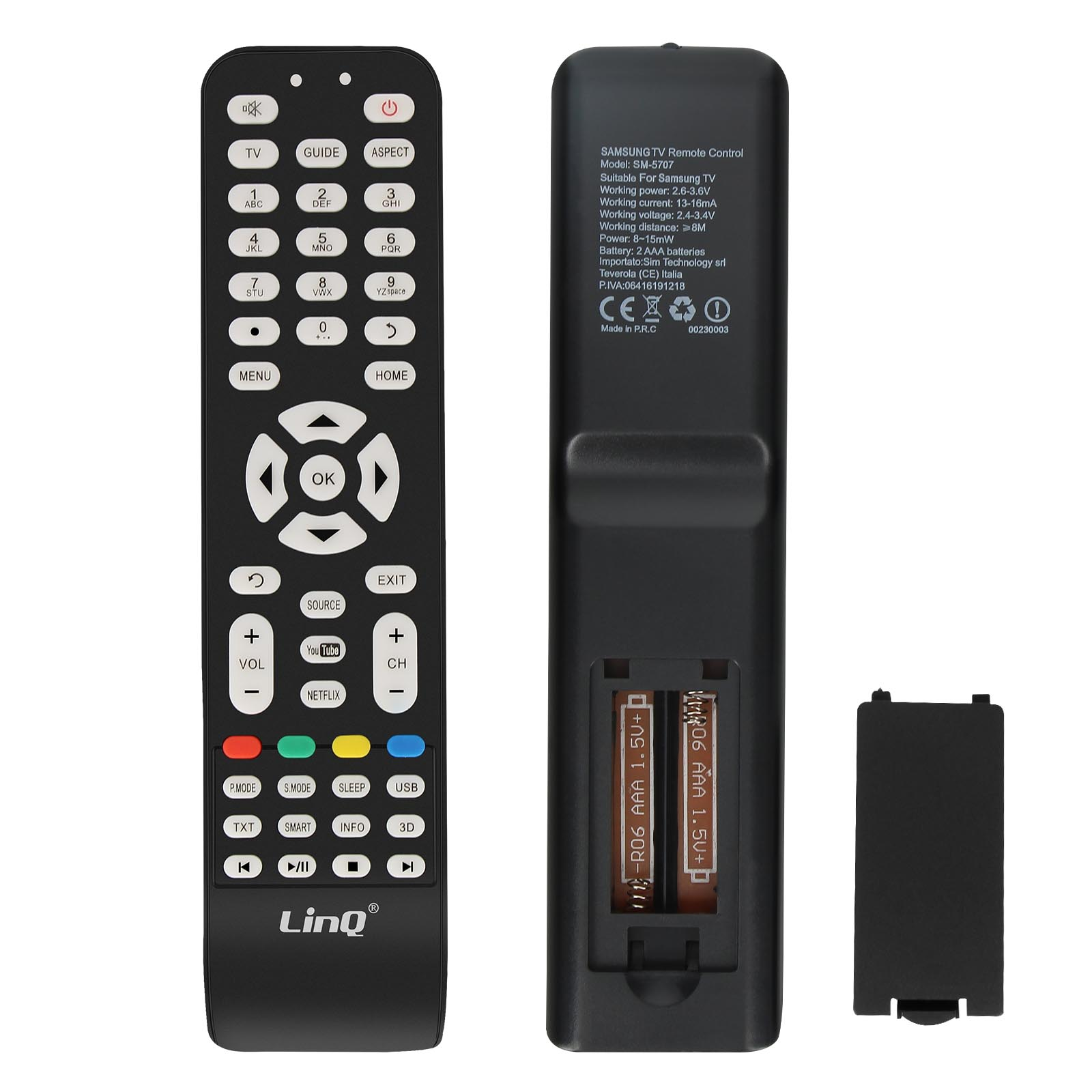 Mando a distancia negro para TV Samsung con botones y compartimento.