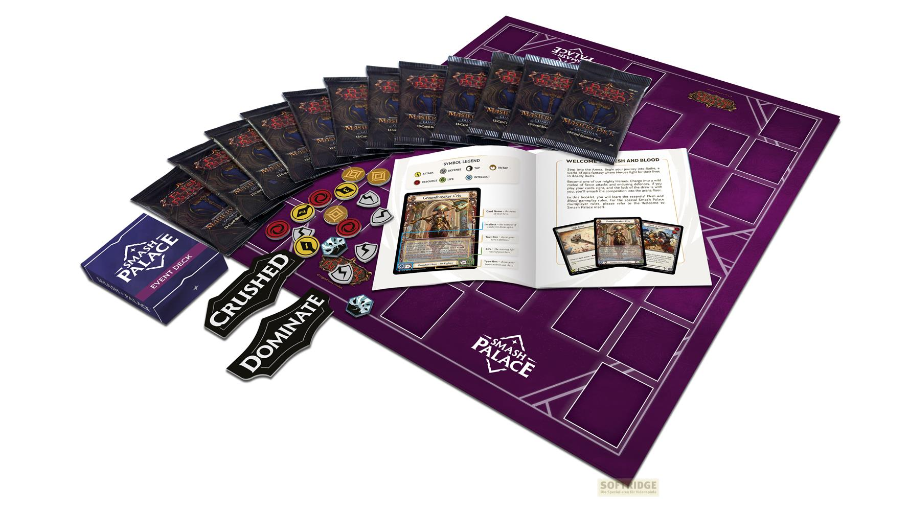 Tabellone di gioco con carte, buste, dadi e un manuale. Focalizzato sul gioco "Flesh and Blood".