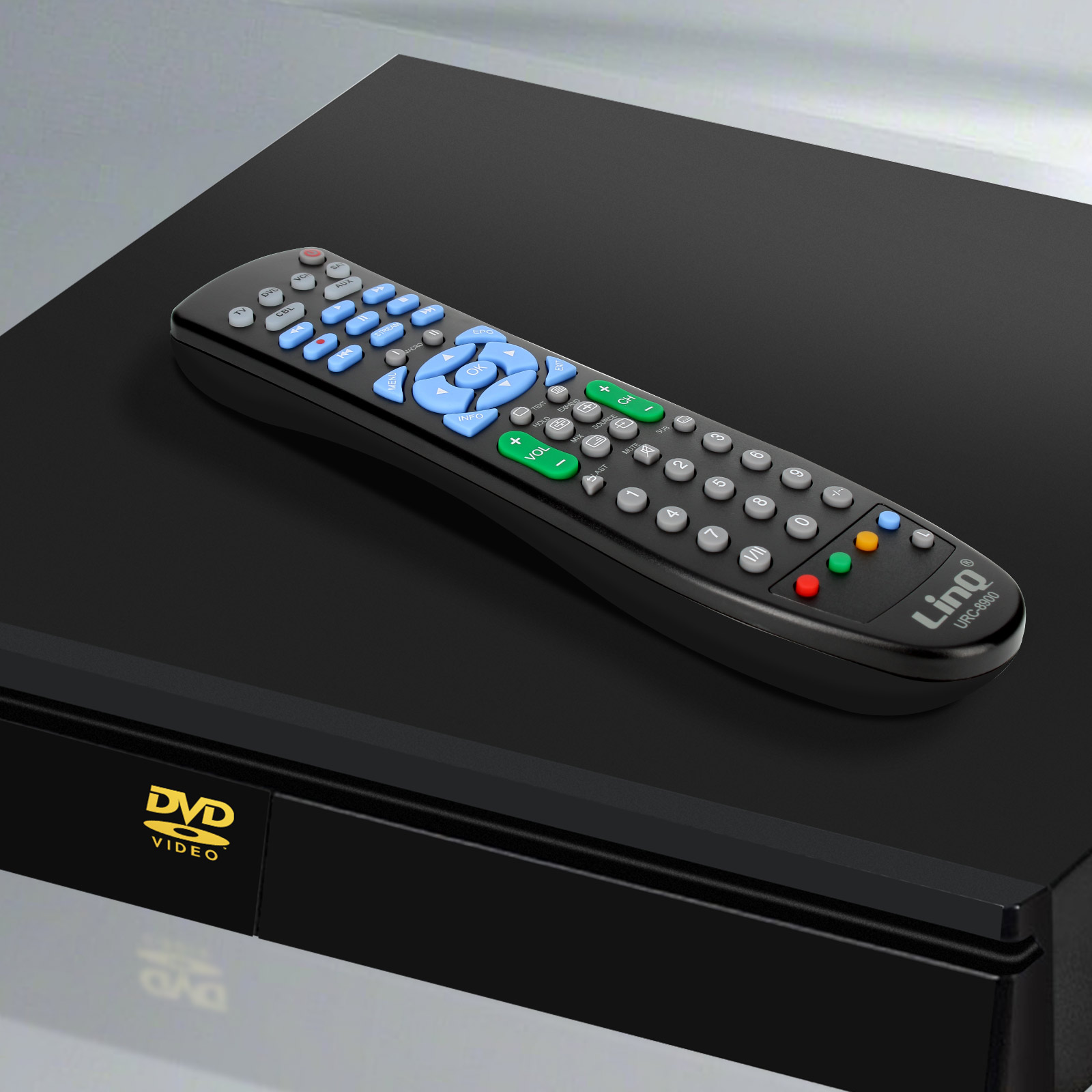 Un reproductor de DVD negro con un mando a distancia con botones azules y grises.