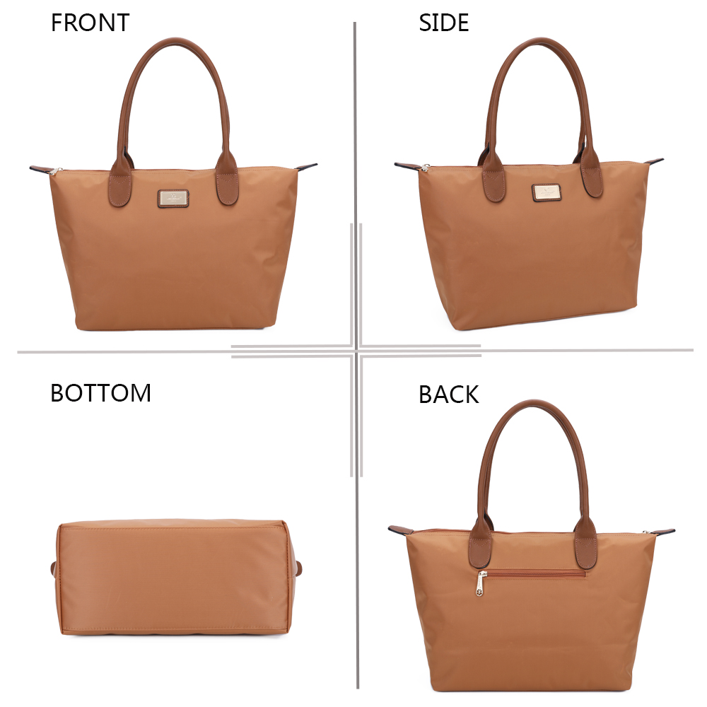 Braun-braune Tasche von vorne, Seite, unten und hinten mit Griffen.