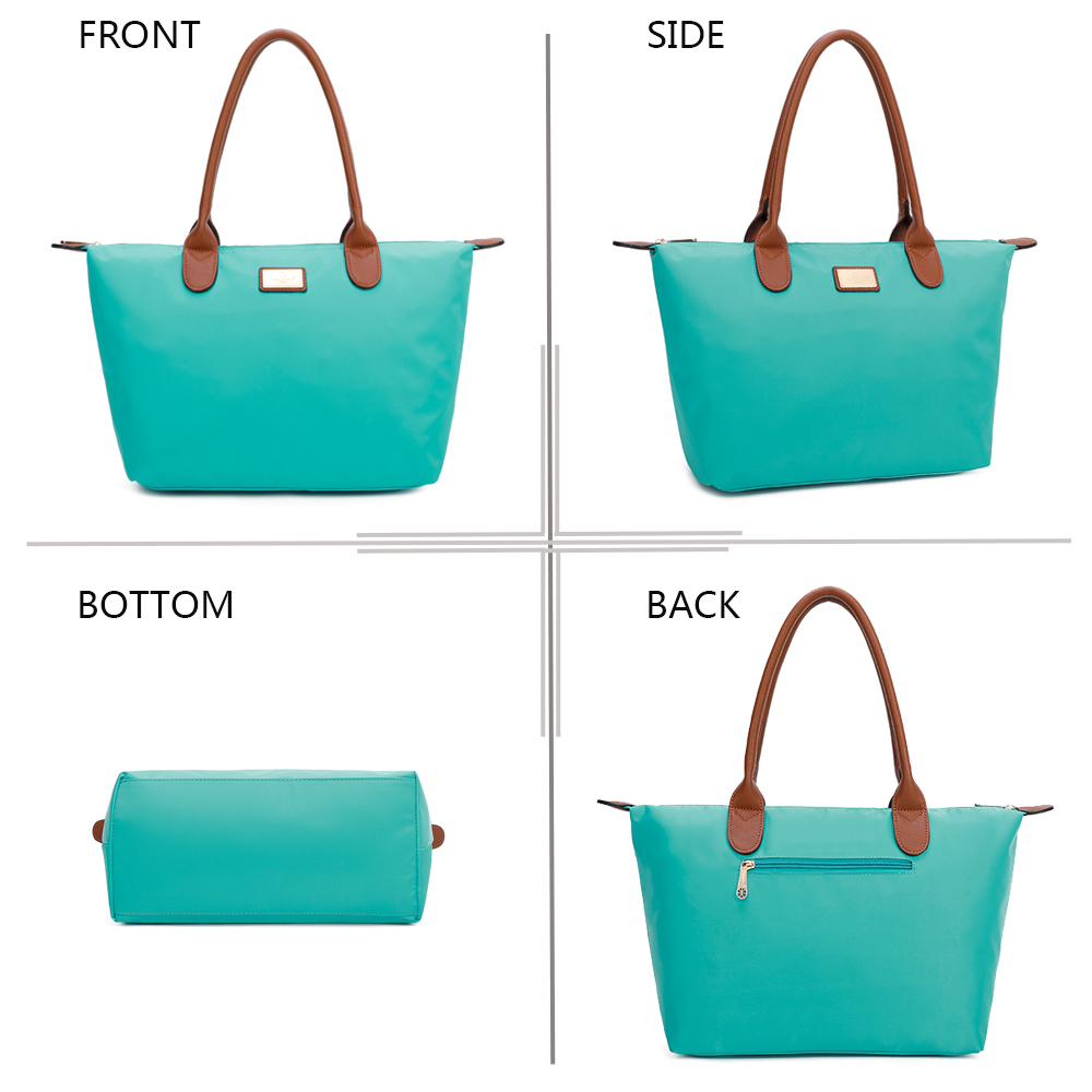 Bolso tote turquesa con asas marrones, vistas frontal, lateral, inferior, trasera.