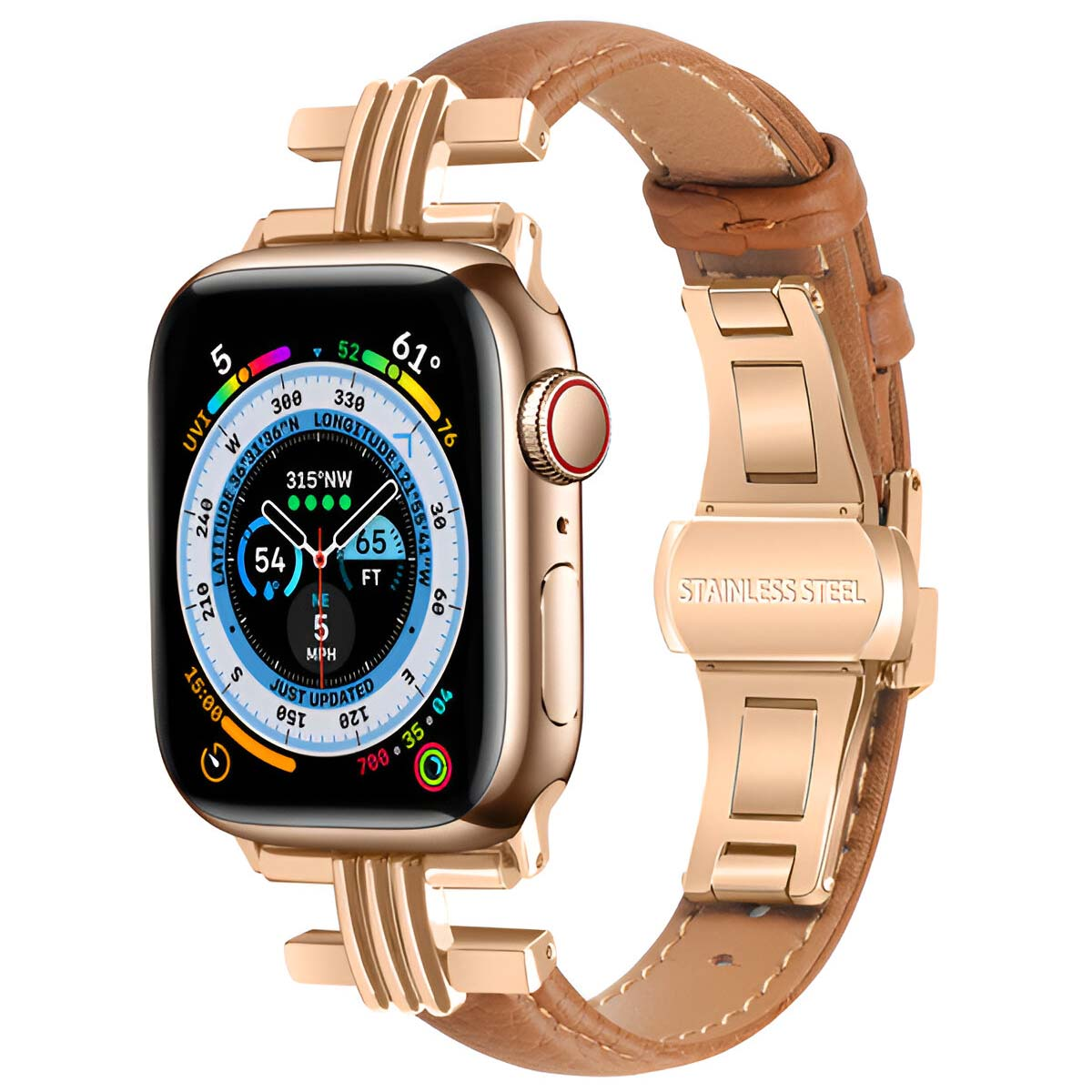Uno smartwatch dorato con cinturino in pelle marrone e quadrante dettagliato.