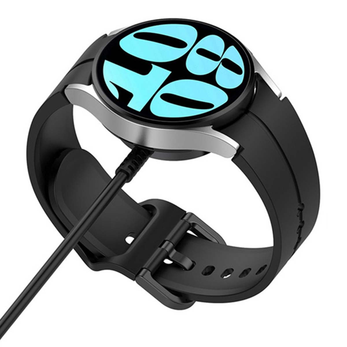 Uno smartwatch nero con quadrante blu che mostra le 10:08 viene caricato.