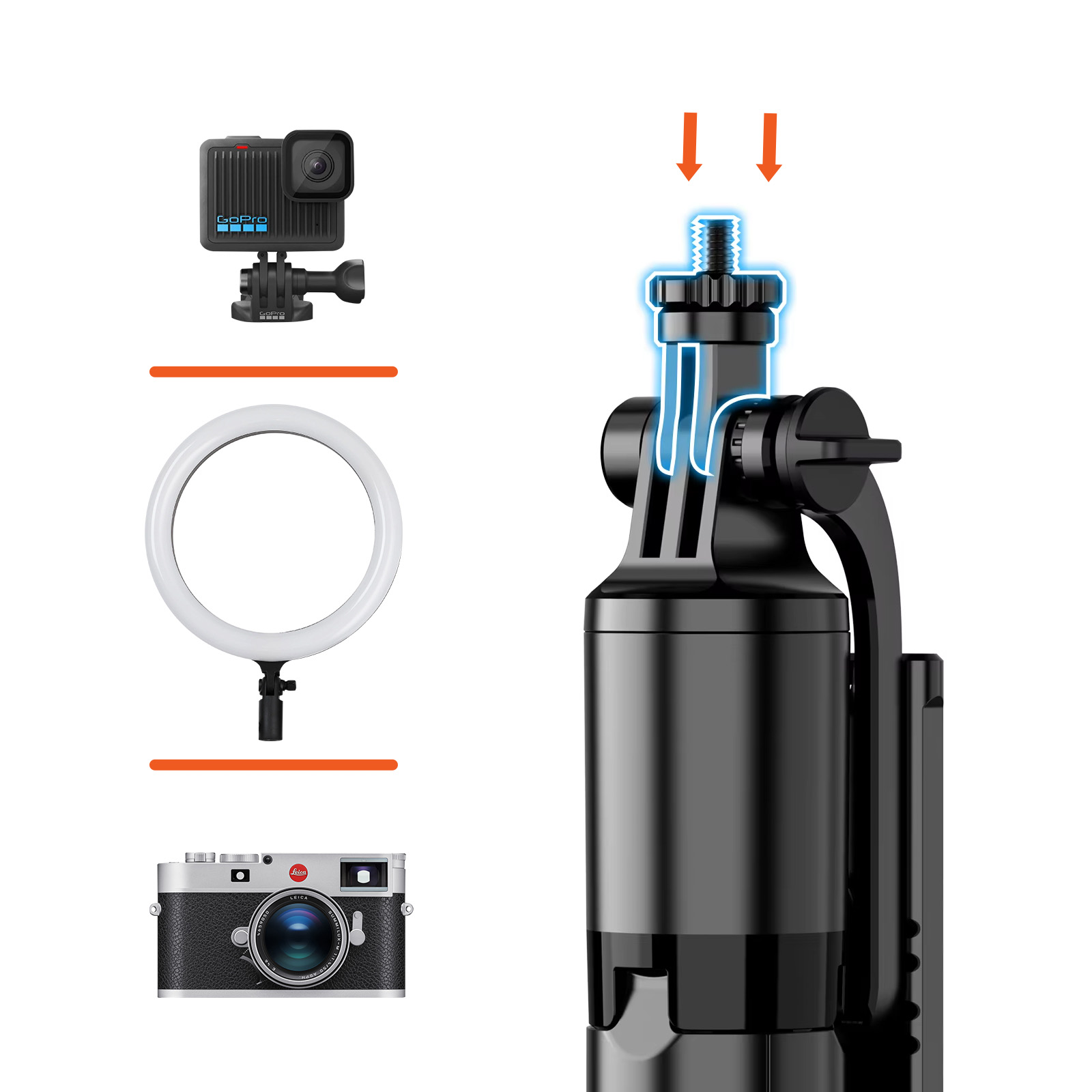 Ein GoPro, Ringlicht und Leica Kamera werden gezeigt.