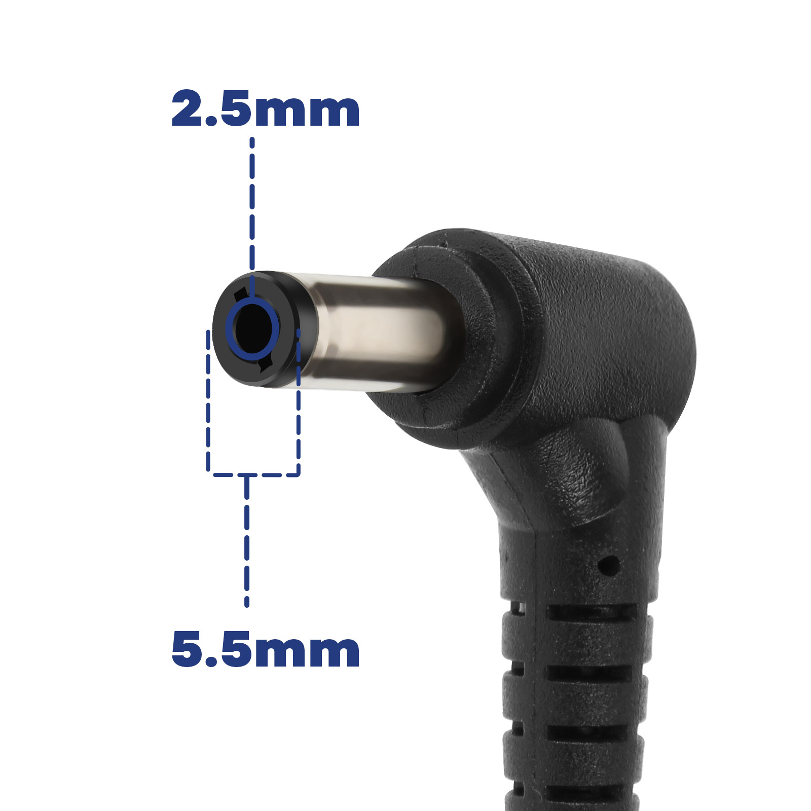 Czarna wtyczka kątowa o wymiarach 2,5 mm i 5,5 mm.