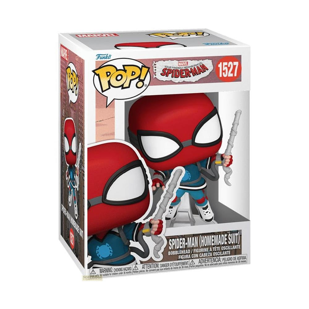 Figura Funko Pop de Spider-Man con traje casero sosteniendo lanzatelarañas.