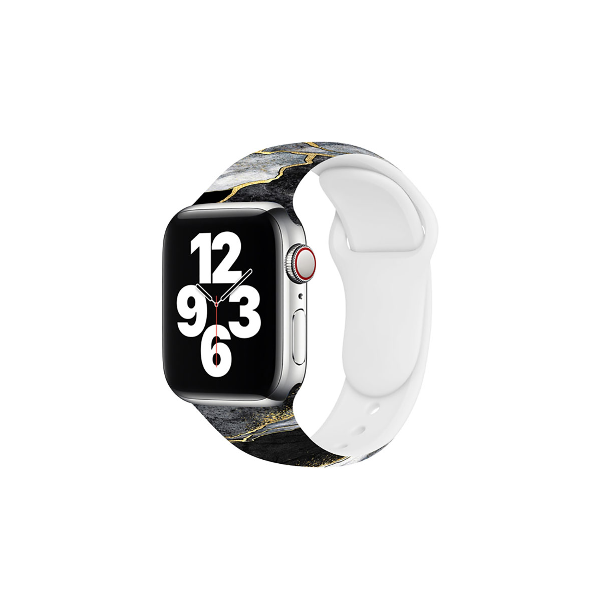 Uno smartwatch argentato con cinturino nero effetto marmo e cinturino bianco.