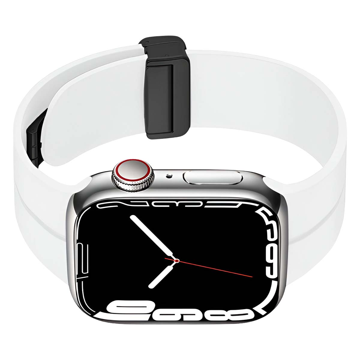 Uno smartwatch argentato con cinturino bianco e chiusura nera. Lo schermo mostra un quadrante.