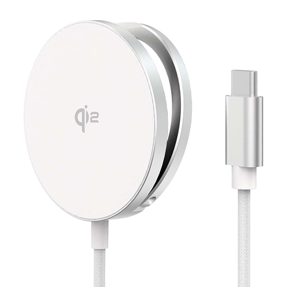 Ein weißes Qi-Ladegerät mit USB-C-Kabel auf weißem Hintergrund.