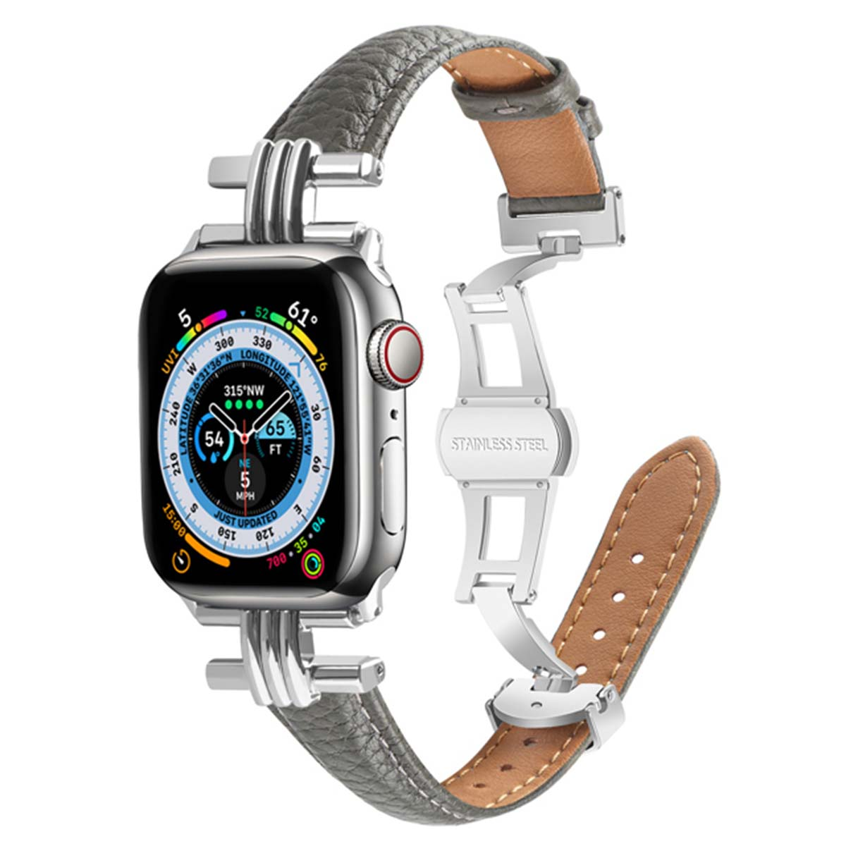 Cinturino grigio in pelle e acciaio inossidabile argentato su smartwatch con dati meteo.