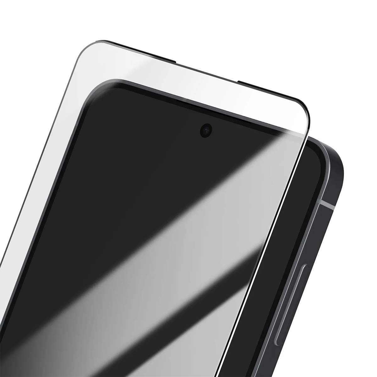Een heldere schermprotector op een smartphone met zwart scherm.