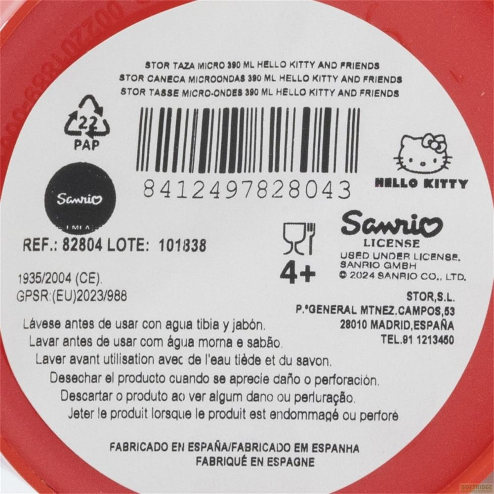 Etikett mit Hello Kitty, Sanrio-Logo, Barcode und Anwendungshinweisen.