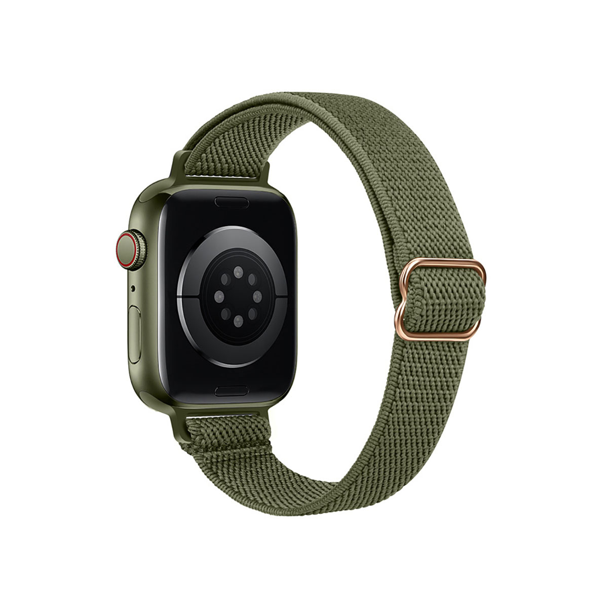Smartwatch verde con cinturino in tessuto e fibbia in metallo, retro visibile.