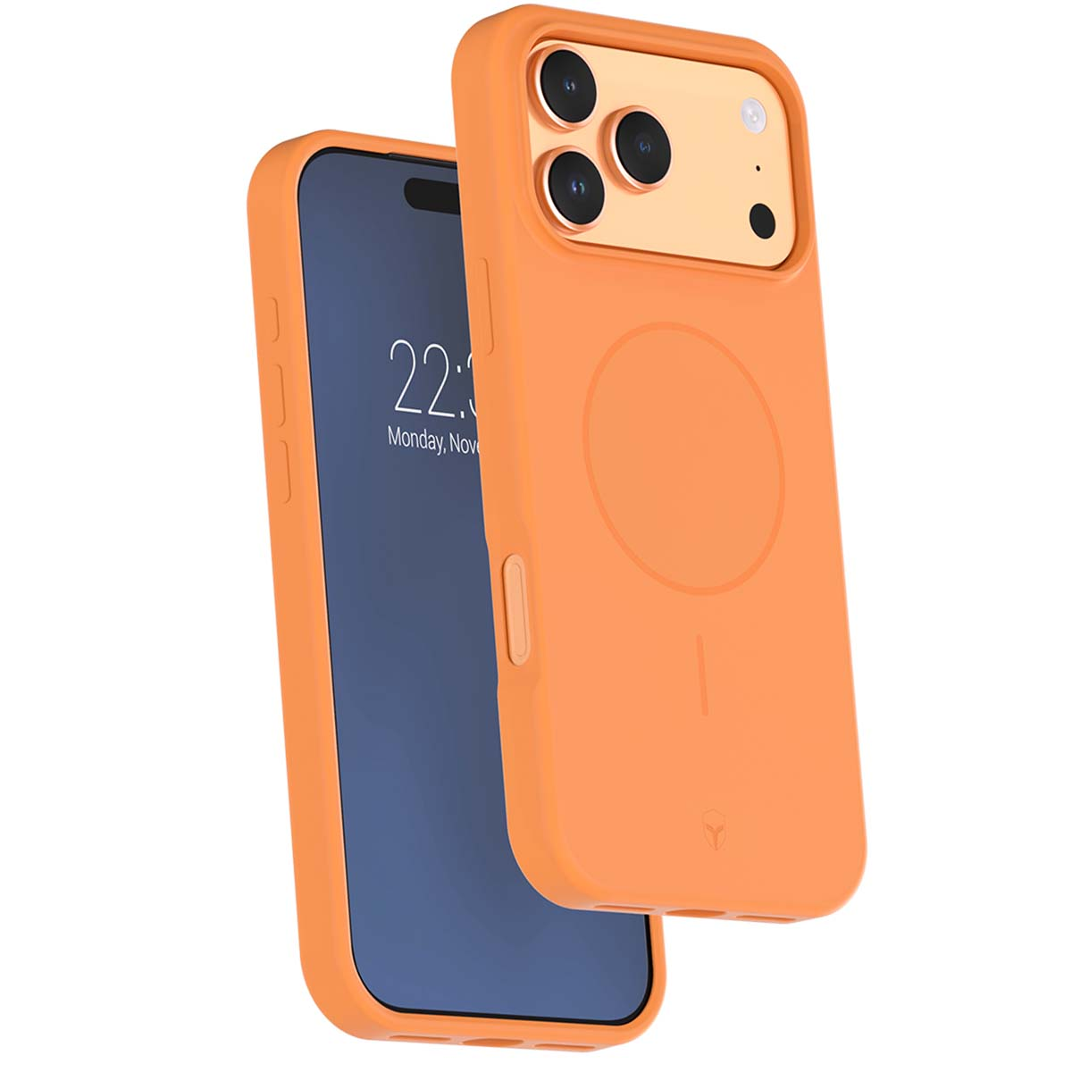 È visibile un telefono arancione con fotocamera e schermo.