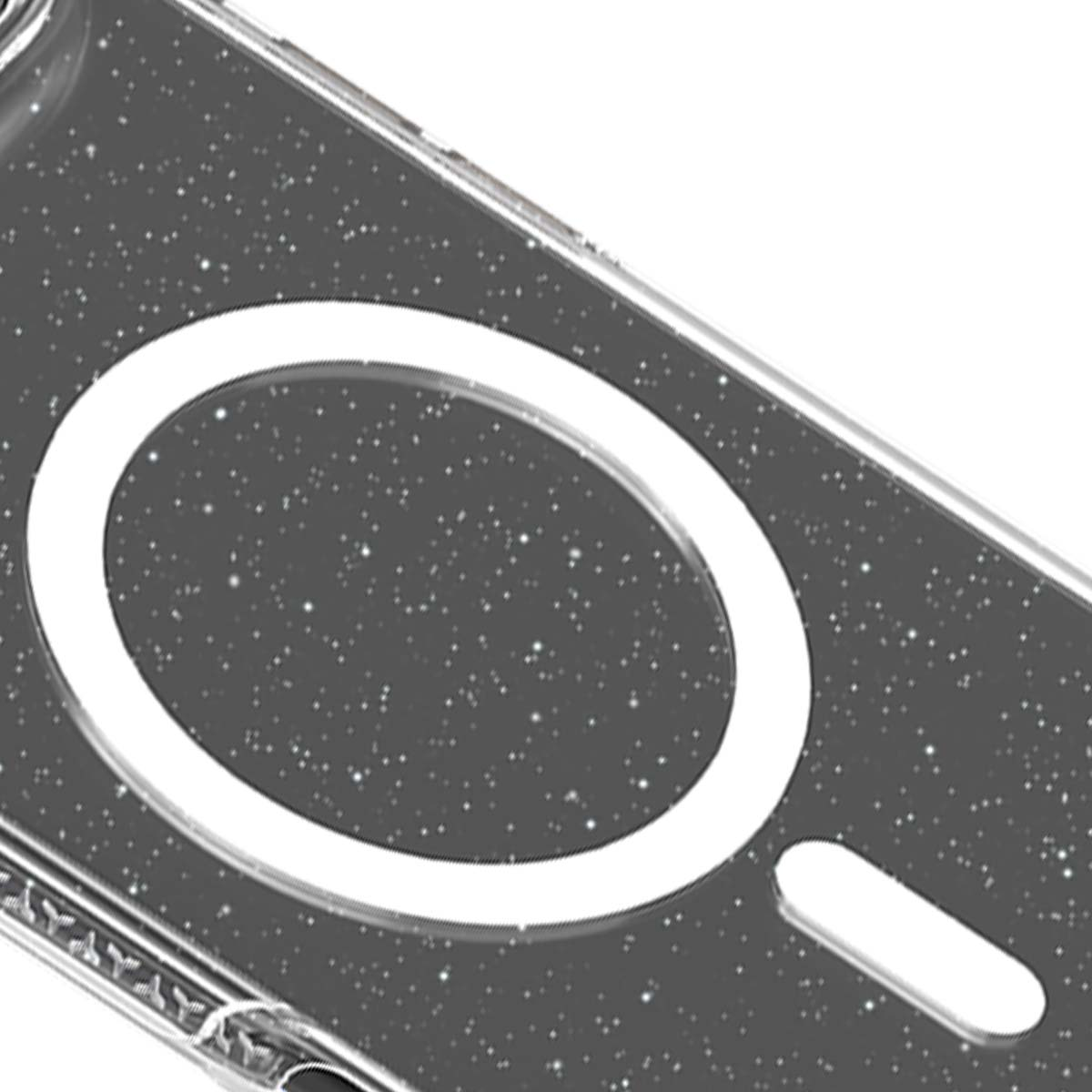 Primo piano di una custodia trasparente per telefono con particelle glitter e anello bianco.