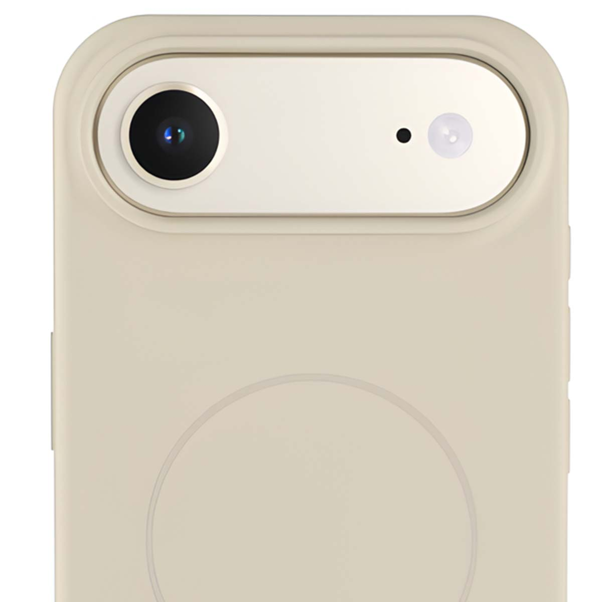 Primo piano del retro di uno smartphone beige chiaro con modulo fotocamera.