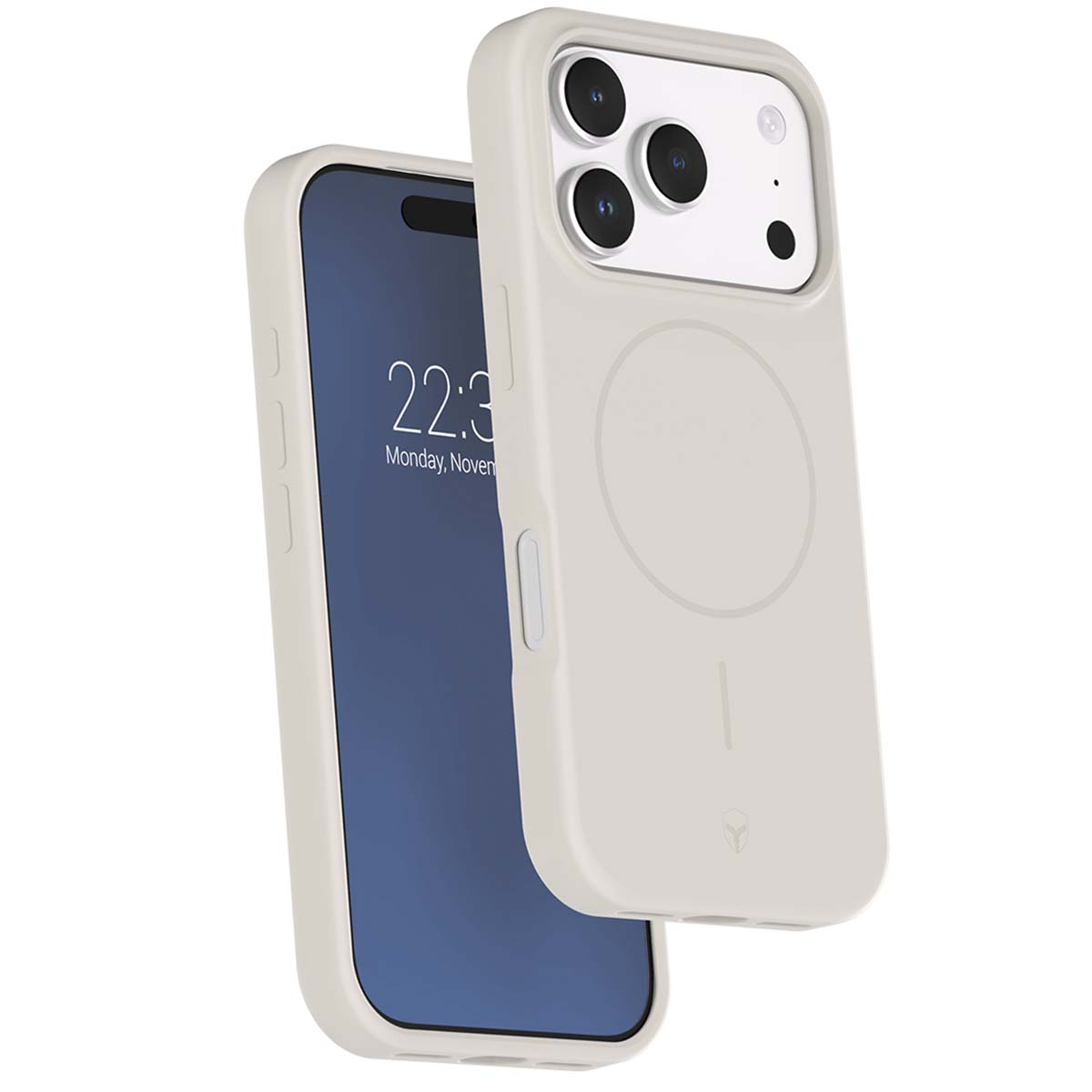 Una cover grigio chiaro copre parzialmente un telefono che mostra l'ora.