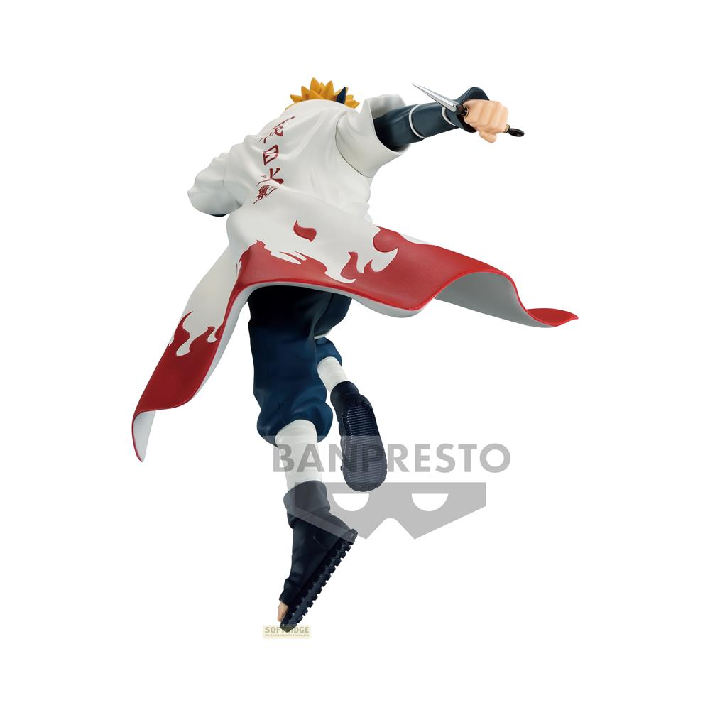 Minato Namikaze Figur in Aktion, weies Gewand mit roten Flammen, blaue Hose, Wurfstern.