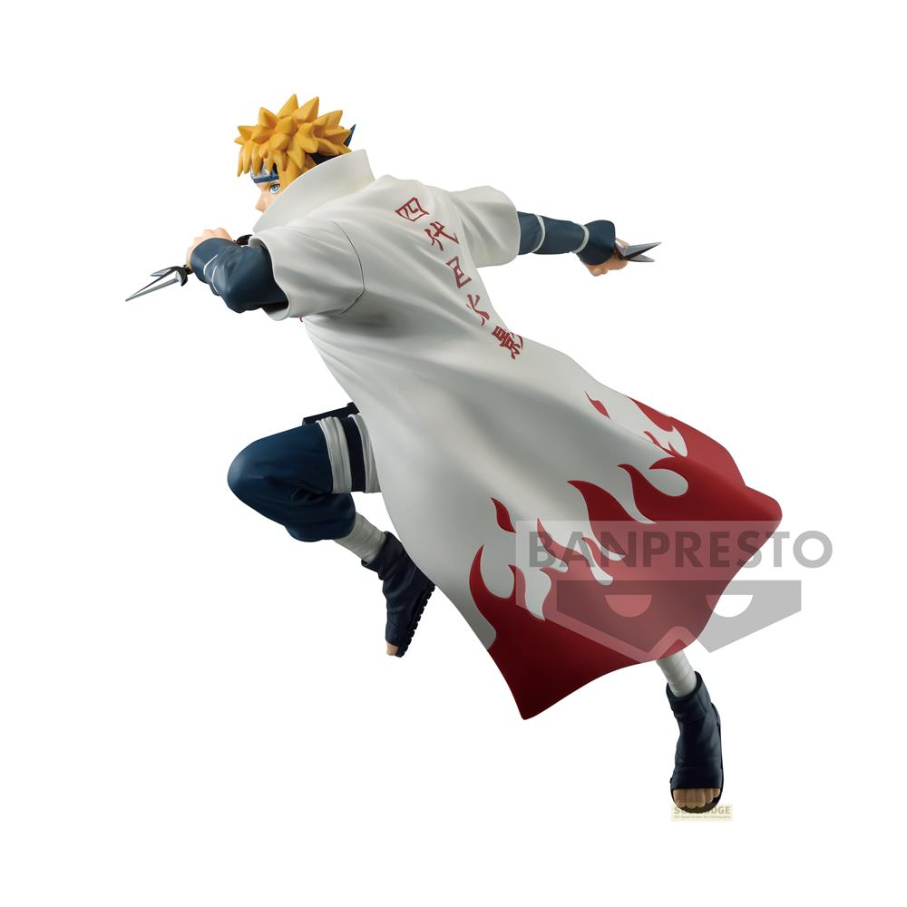Minato Namikaze Figur in weißem Mantel mit roten Flammen und japanischen Schriftzeichen.