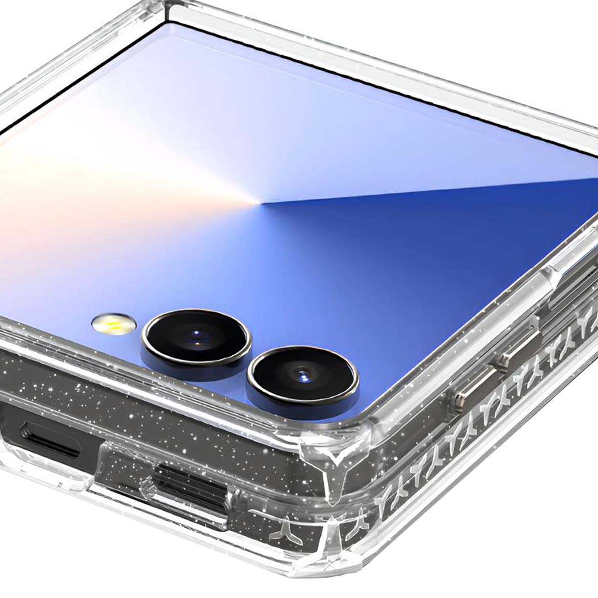 Custodia trasparente con due fotocamere e flash. Glitter sullo sfondo.