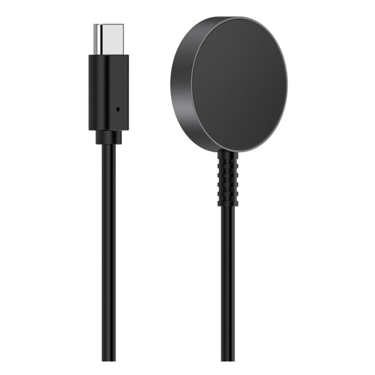 Ein schwarzes USB-C-Kabel mit einem runden Ladekontakt auf weißem Hintergrund.