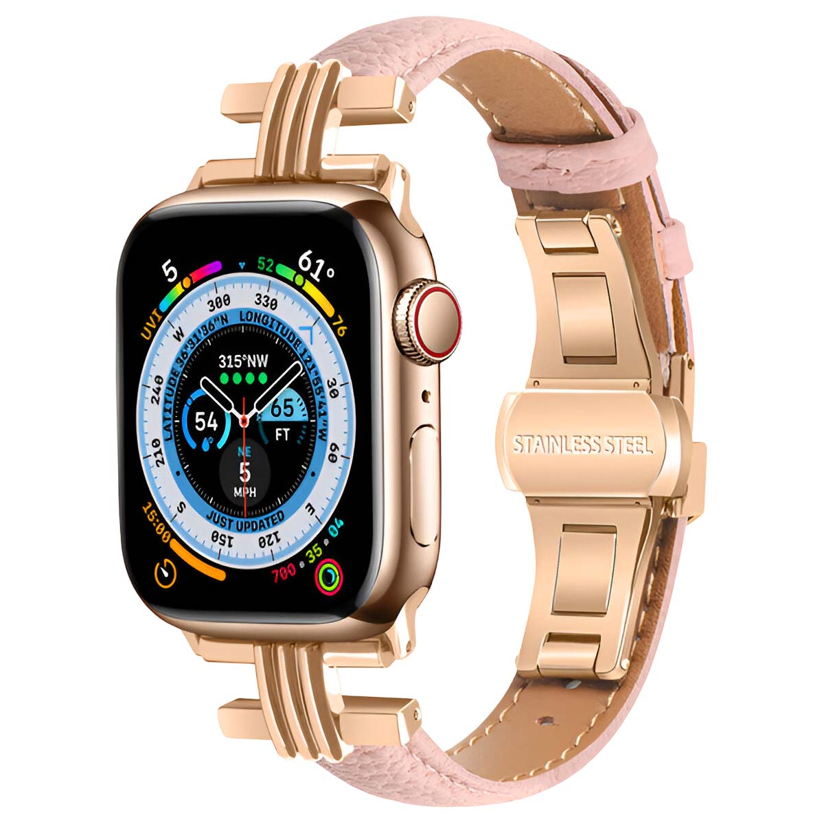 Orologio smart dorato con cinturino in pelle rosa, mostra dati meteo e posizione.