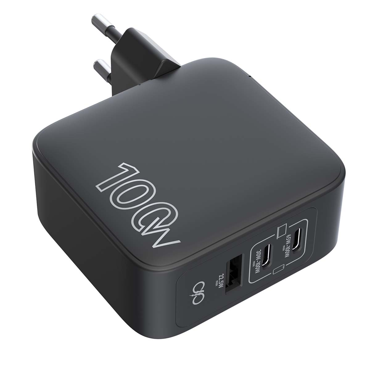 Caricatore nero da 100W con spina pieghevole e tre porte USB.