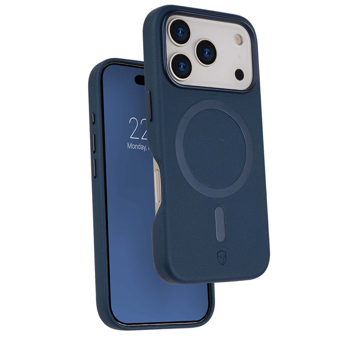 Un telefono blu con custodia. Lo schermo mostra le 22:00, lunedì.