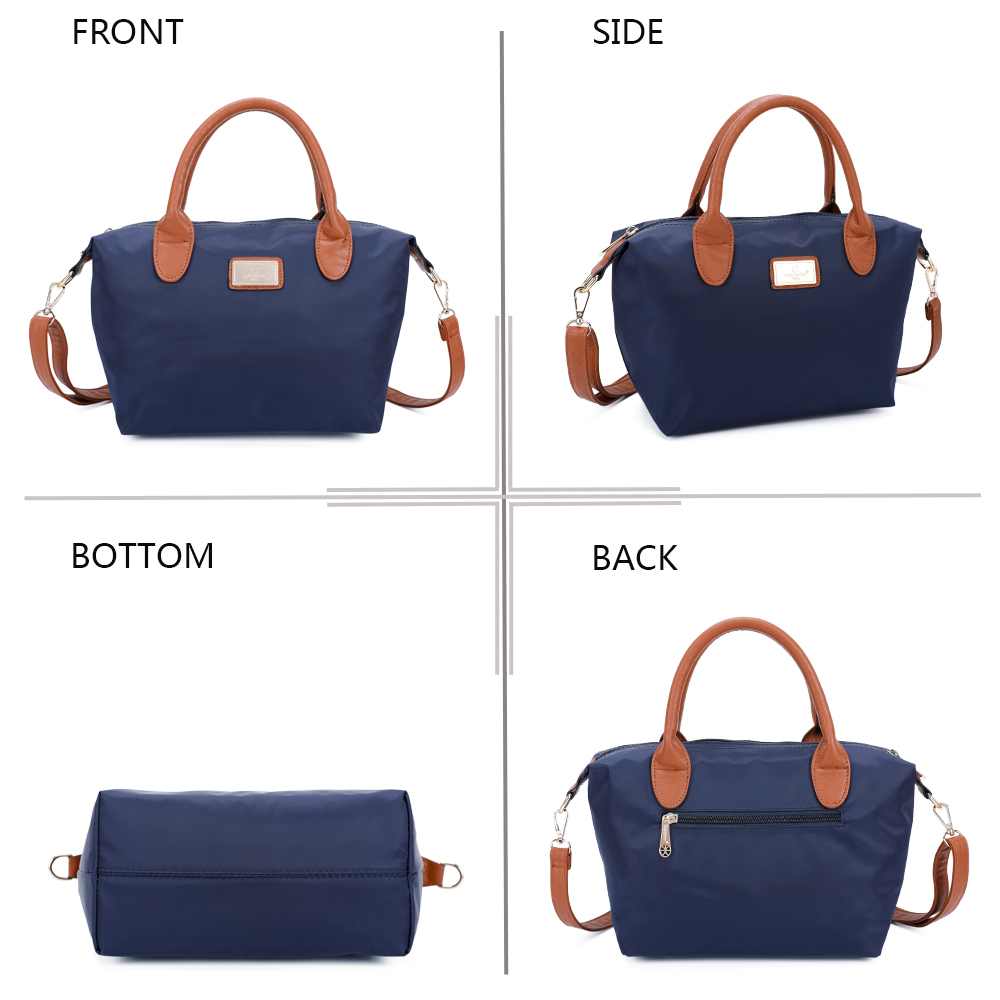 Drei Ansichten einer dunkelblauen Tasche mit braunen Ledergriffen und Riemen.