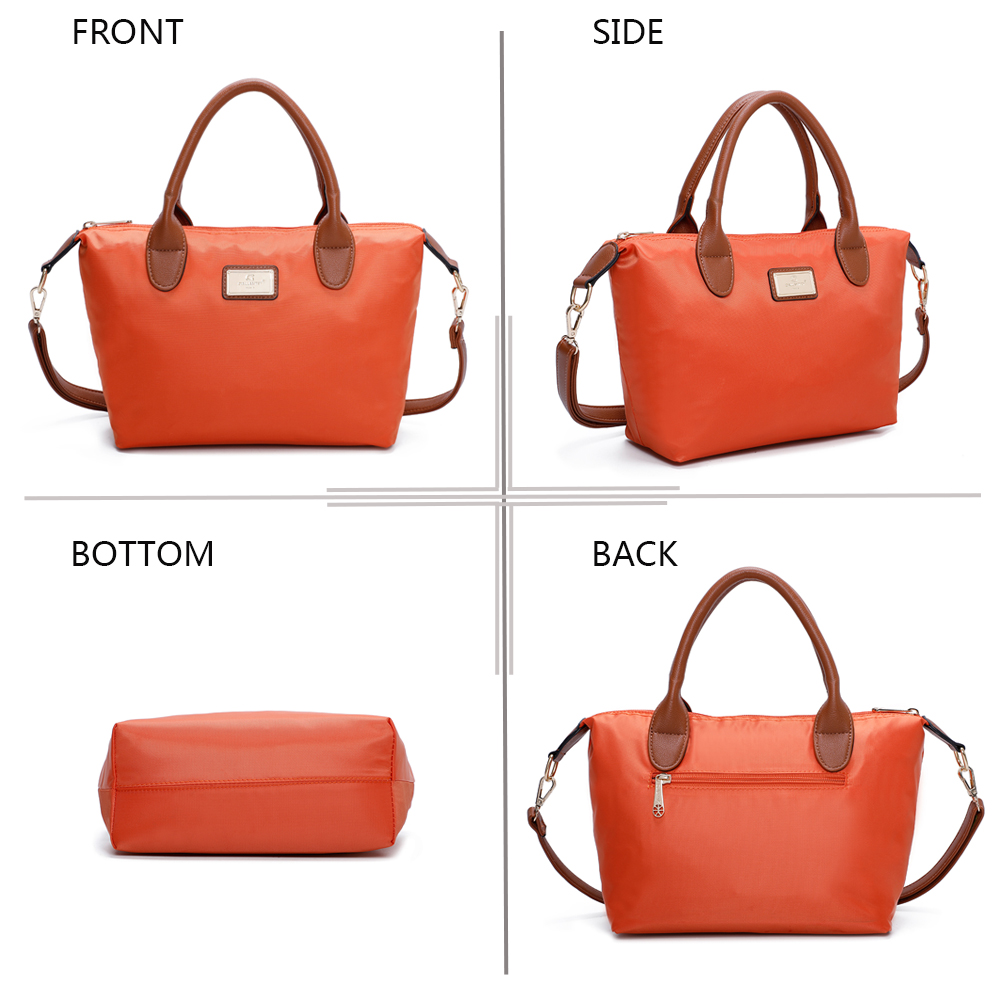 Vier Ansichten einer orangefarbenen Handtasche mit braunen Henkeln: Vorderseite, Seite, Boden, Rückseite.