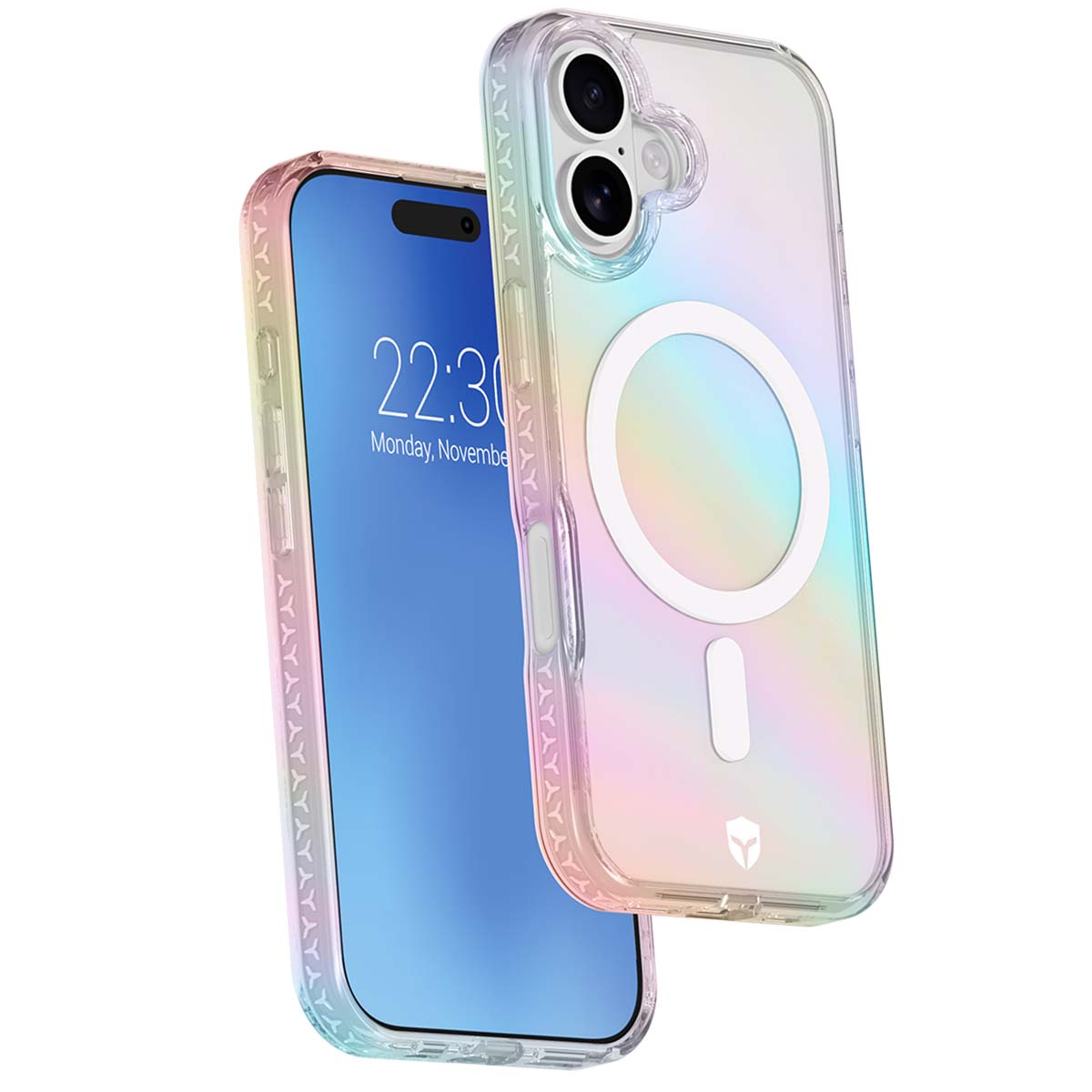 Una funda de teléfono transparente degradada con anillo magnético sobre un teléfono.