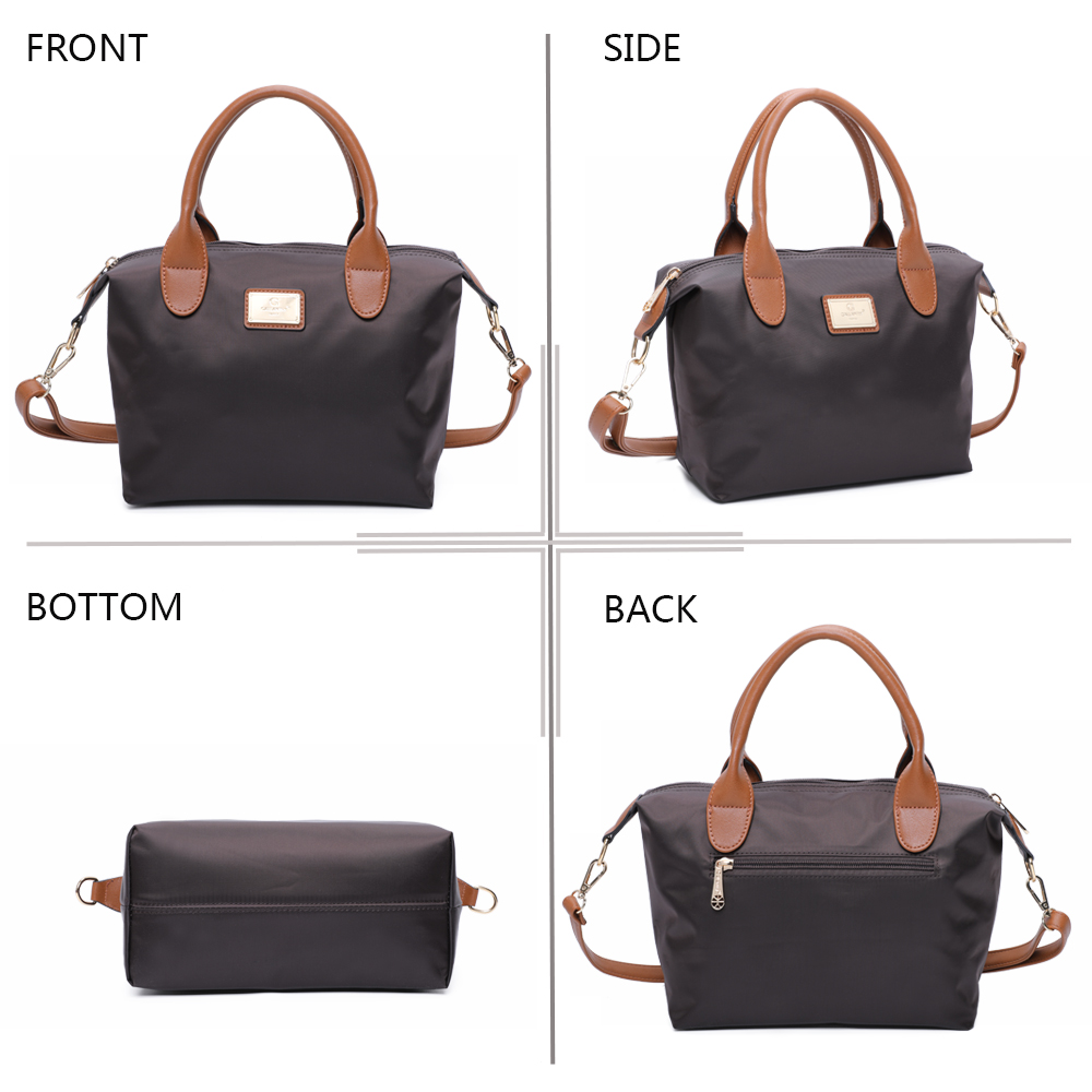 Dunkelgraue Handtasche mit braunen Lederdetails, Vorder-, Seiten-, Boden- und Rückansicht.