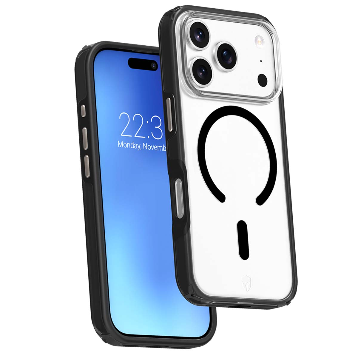 Un iPhone nero con custodia MagSafe trasparente, che mostra le 22:30.