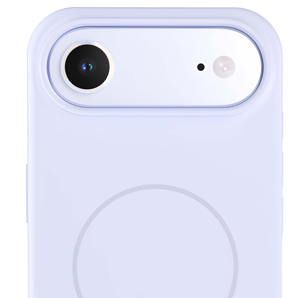Primo piano di una cover viola chiaro per telefono con modulo fotocamera e flash.