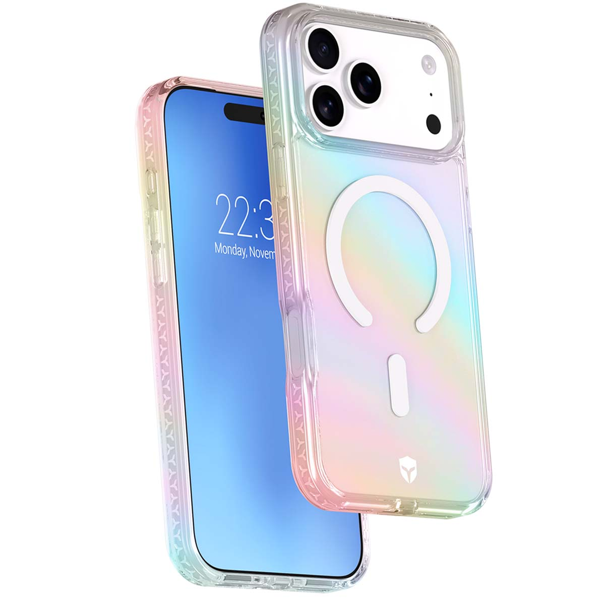 Una custodia per telefono iridescente trasparente su uno smartphone.