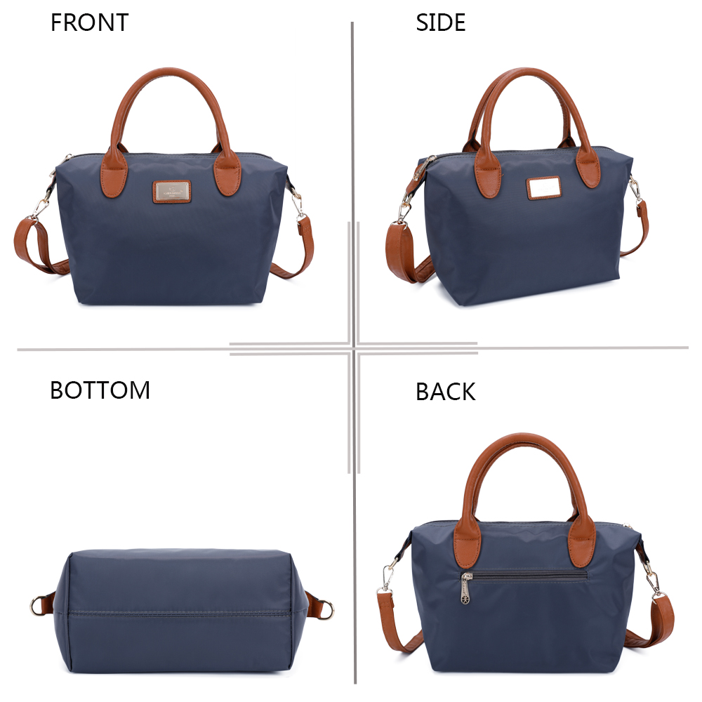 Dunkelblaue Tasche mit braunen Henkeln und Riemen, von vorne, Seite, unten und hinten gezeigt.