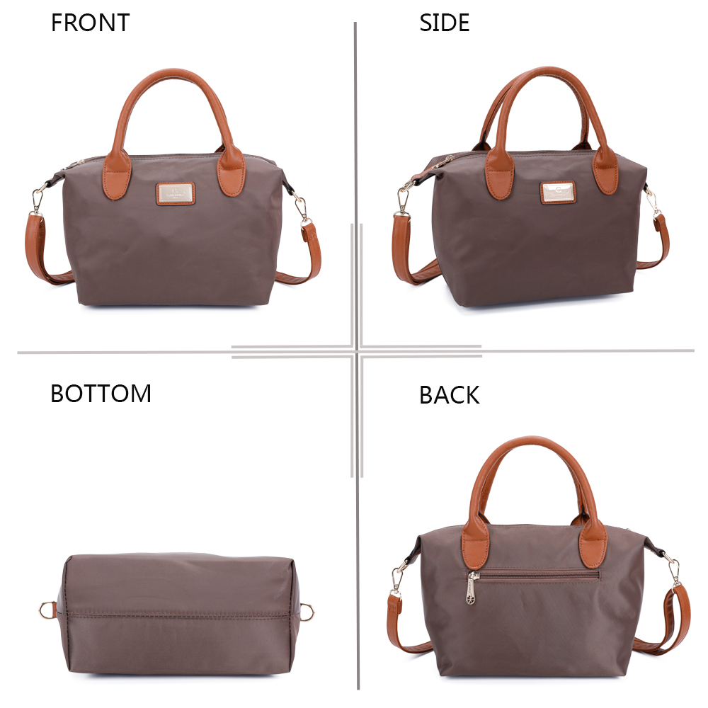 Braune Handtasche mit cognacfarbenen Griffen und Riemen, von vorne, Seite, unten und hinten.