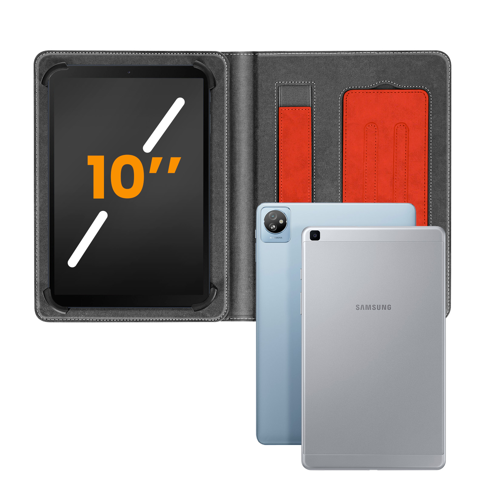Un tablet in una custodia in ecopelle grigia con inserti arancioni.