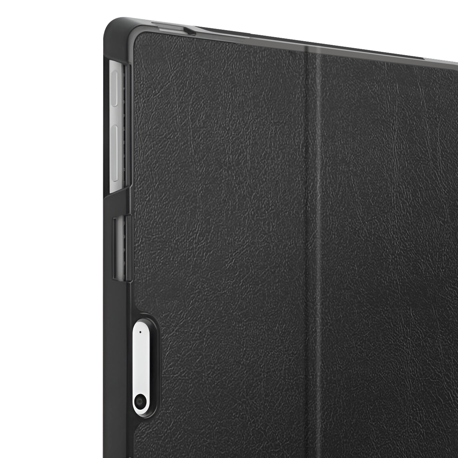 Custodia nera per tablet effetto pelle con pulsanti argentati sul lato.