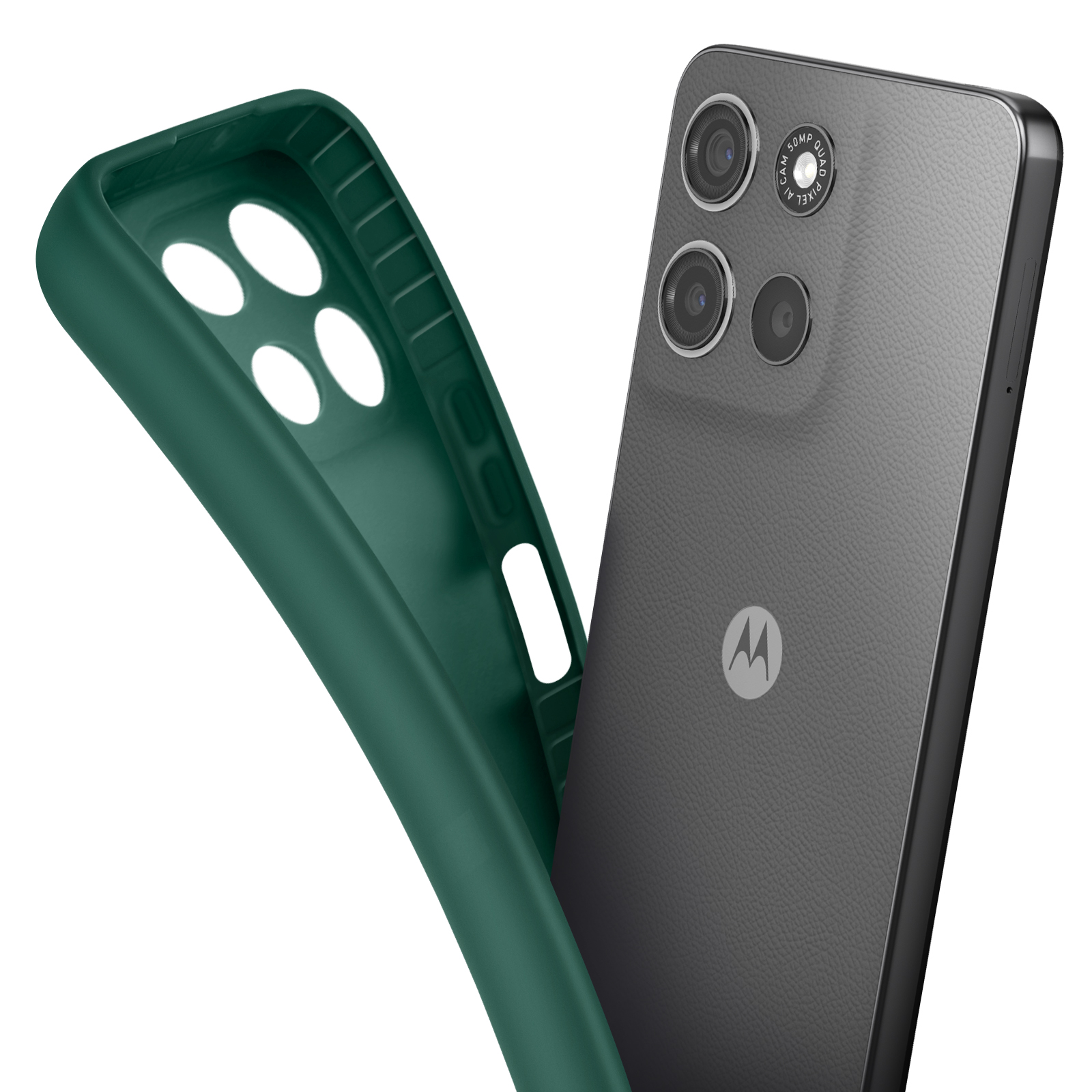 Custodia verde scuro accanto a uno smartphone con tre fotocamere.
